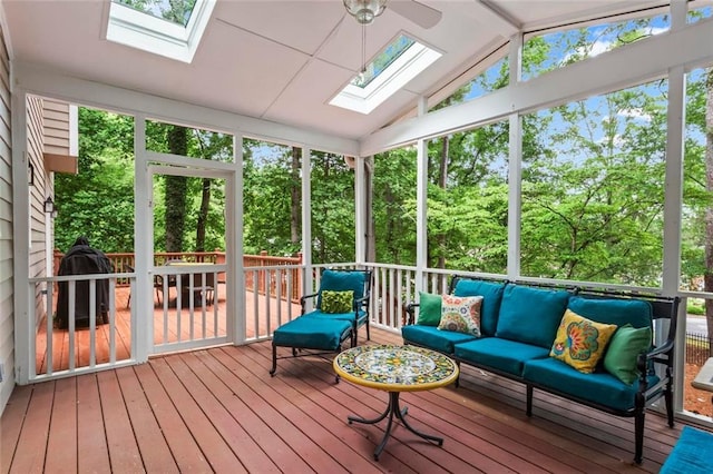 121 Clipper Bay Dr, Alpharetta, GA 30005 - sunroom with a skylight, an outdoor hangout area, lofted ceiling, and ceiling fan