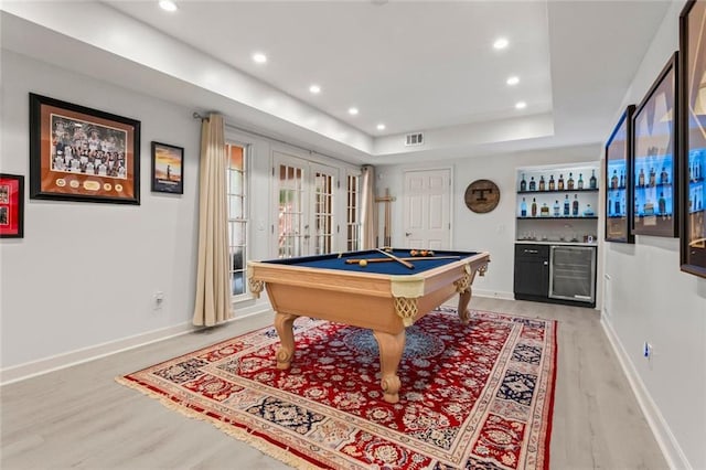 121 Clipper Bay Dr, Alpharetta, GA 30005 - recreation room featuring wine cooler, a bar, light wood-style floors, a raised ceiling, and pool table