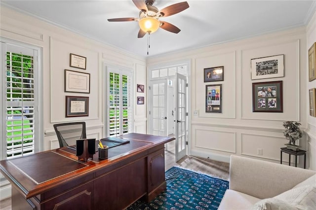 121 Clipper Bay Dr, Alpharetta, GA 30005 - home office with a decorative wall, ceiling fan, crown molding, wood finished floors, and french doors
