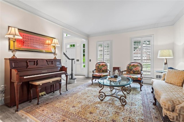 121 Clipper Bay Dr, Alpharetta, GA 30005 - living room featuring crown molding, stairway, and wood finished floors