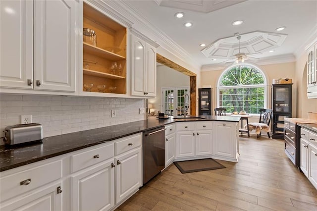 4337 Mountain View Rd, Oakwood, GA 30566 - kitchen featuring stainless steel dishwasher, white cabinetry, ornamental molding, light wood-style floors, and recessed lighting
