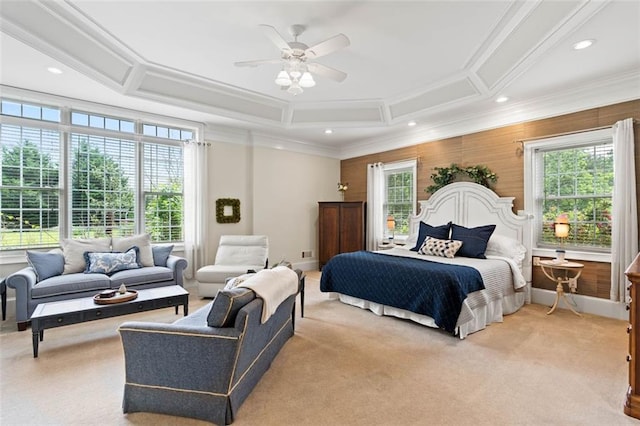 4337 Mountain View Rd, Oakwood, GA 30566 - bedroom featuring multiple windows, light carpet, recessed lighting, crown molding, and ceiling fan