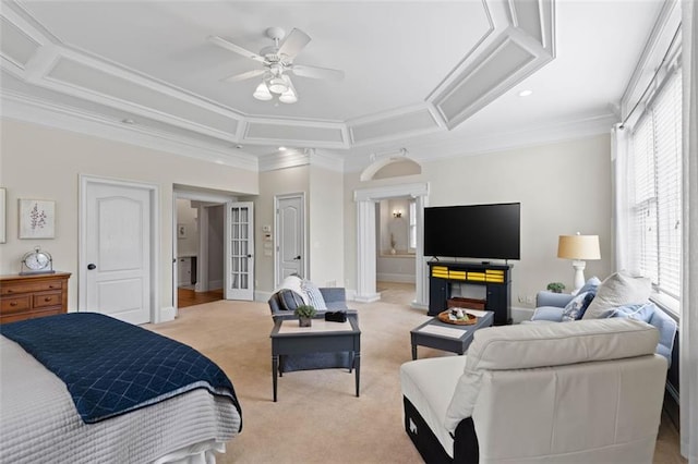 4337 Mountain View Rd, Oakwood, GA 30566 - bedroom featuring crown molding, light carpet, french doors, ceiling fan, and recessed lighting