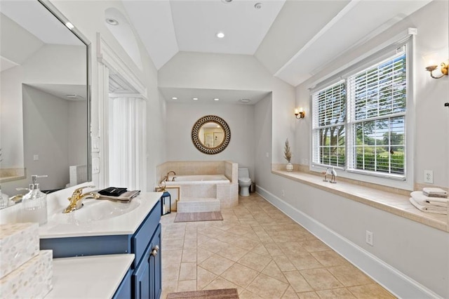 4337 Mountain View Rd, Oakwood, GA 30566 - bathroom with vanity, a bath, lofted ceiling, recessed lighting, and tile patterned floors