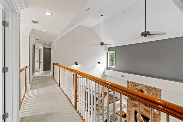 4337 Mountain View Rd, Oakwood, GA 30566 - corridor with lofted ceiling, light colored carpet, recessed lighting, and an upstairs landing