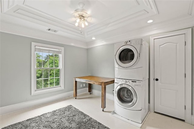 4337 Mountain View Rd, Oakwood, GA 30566 - washroom with estacked washer and dryer, ornamental molding, recessed lighting, and a ceiling fan