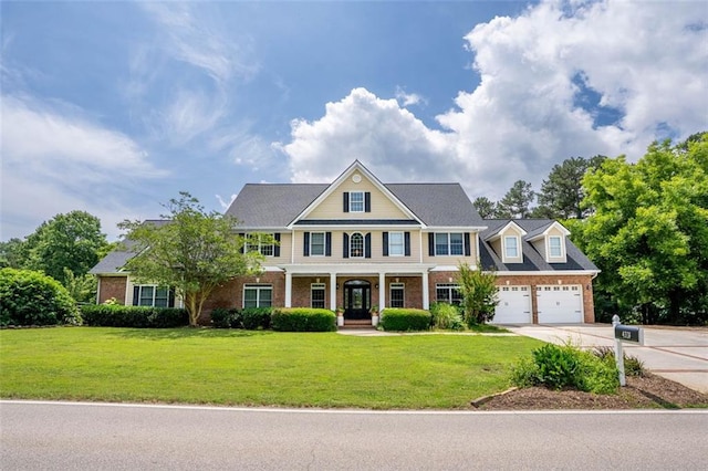4337 Mountain View Rd, Oakwood, GA 30566 - colonial house with brick siding, a porch, driveway, and a front lawn