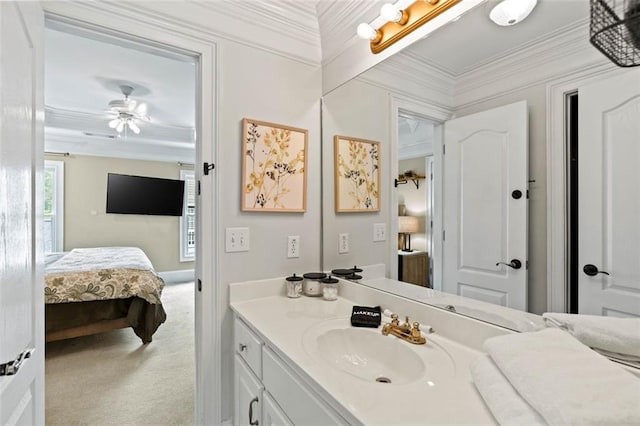 4337 Mountain View Rd, Oakwood, GA 30566 - bathroom featuring vanity, ornamental molding, connected bathroom, and a ceiling fan