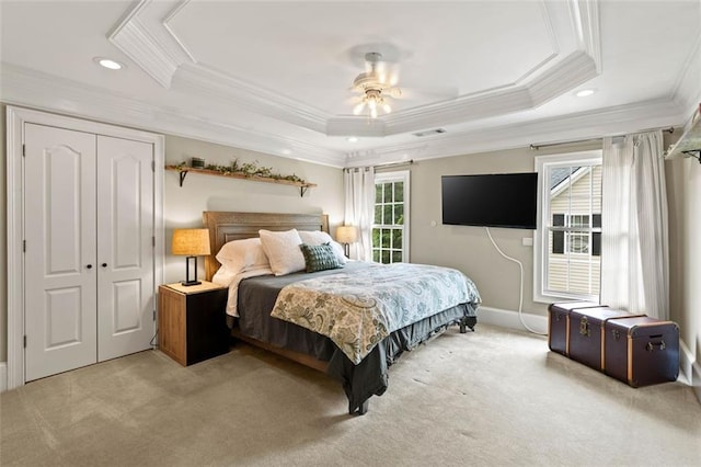 4337 Mountain View Rd, Oakwood, GA 30566 - bedroom with ornamental molding, light carpet, recessed lighting, a closet, and a tray ceiling