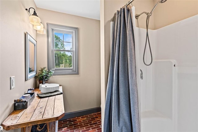4337 Mountain View Rd, Oakwood, GA 30566 - bathroom featuring brick flooring, a shower with shower curtain, and vanity