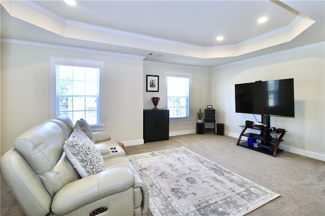 carpeted living room featuring ornamental molding and a raised ceiling