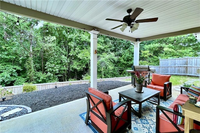 view of patio / terrace featuring a grill, an outdoor hangout area, and ceiling fan