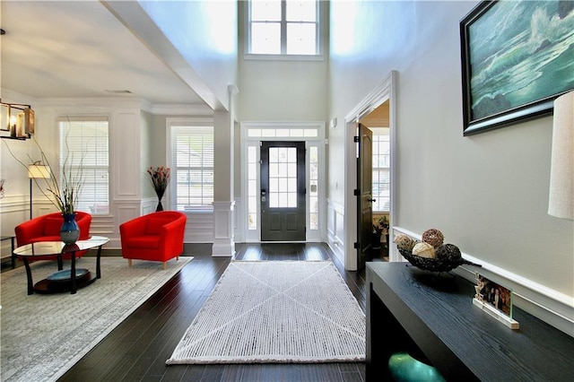 foyer entrance featuring crown molding and dark wood-type flooring