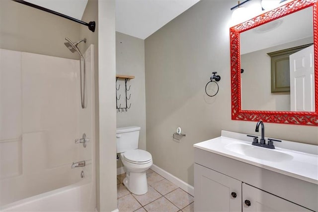 full bathroom featuring tile patterned flooring, baseboards, vanity, toilet, and bathing tub / shower combination
