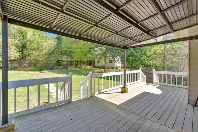 deck with a yard and a fenced backyard