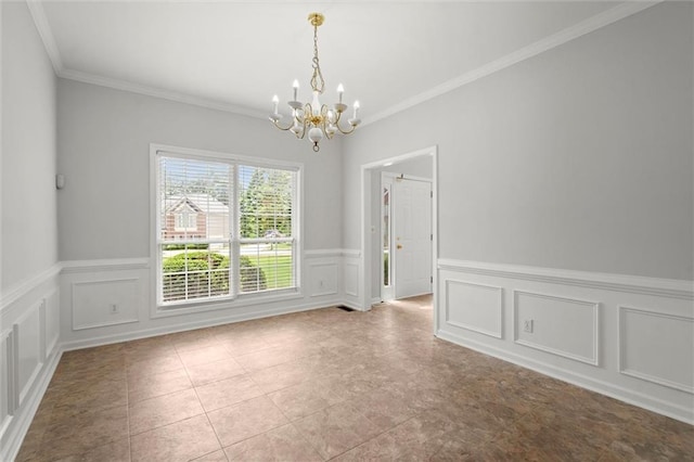 194 Lake Ruby Dr, Suwanee, GA 30024 - unfurnished dining area with a chandelier, crown molding, a decorative wall, wainscoting, and tile patterned flooring
