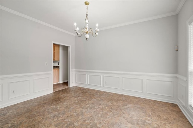 194 Lake Ruby Dr, Suwanee, GA 30024 - unfurnished room with a chandelier, crown molding, a wainscoted wall, and a decorative wall