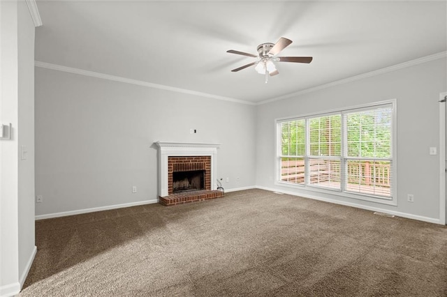 194 Lake Ruby Dr, Suwanee, GA 30024 - unfurnished living room featuring ornamental molding, carpet, ceiling fan, baseboards, and a brick fireplace