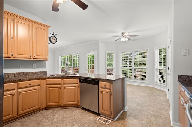 194 Lake Ruby Dr, Suwanee, GA 30024 - kitchen featuring stainless steel dishwasher, a sink, a ceiling fan, a peninsula, and dark stone counters