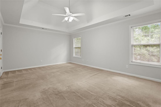 194 Lake Ruby Dr, Suwanee, GA 30024 - unfurnished room featuring a tray ceiling, plenty of natural light, light colored carpet, ceiling fan, and ornamental molding