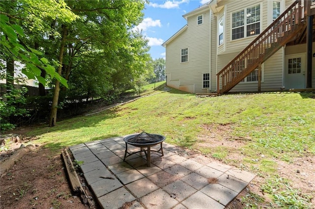 194 Lake Ruby Dr, Suwanee, GA 30024 - view of yard featuring stairway, a fire pit, and a patio area