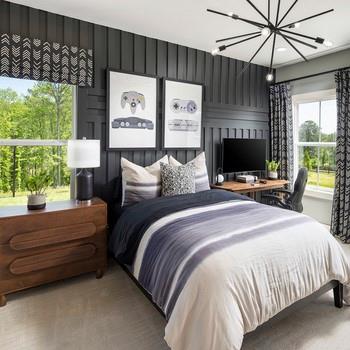 6450 Pond View Dr, Cumming, GA 30028 - bedroom featuring carpet flooring and a chandelier