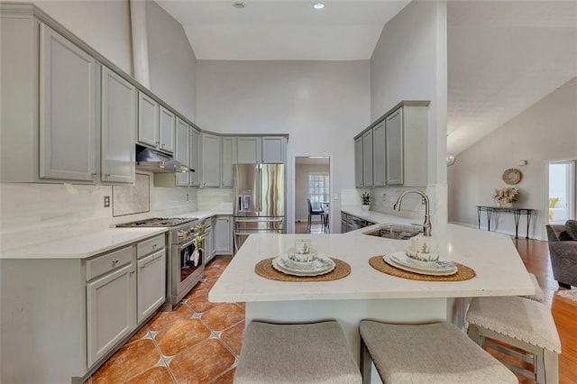 964 Natural Brook Trl, Lawrenceville, GA 30045 - kitchen featuring appliances with stainless steel finishes, gray cabinets, high vaulted ceiling, under cabinet range hood, and a peninsula