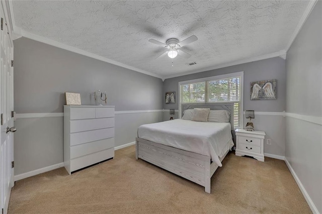 964 Natural Brook Trl, Lawrenceville, GA 30045 - bedroom with light colored carpet, crown molding, a textured ceiling, and ceiling fan