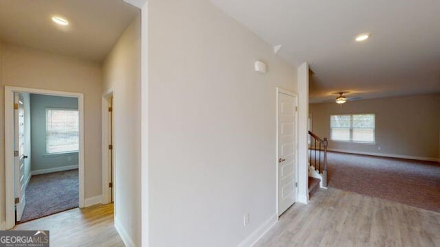 3402 Milan Ct Lot 1Plapprox Sqft 2, Douglasville, GA 30135 - hallway with light wood-style flooring, stairs, and recessed lighting