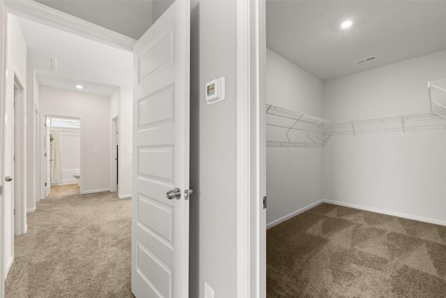 walk in closet with carpet