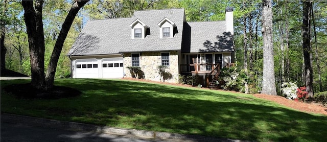 1521 Larkwood Dr, Canton, GA 30114 - cape cod-style house with a front yard, an attached garage, stone siding, and a chimney