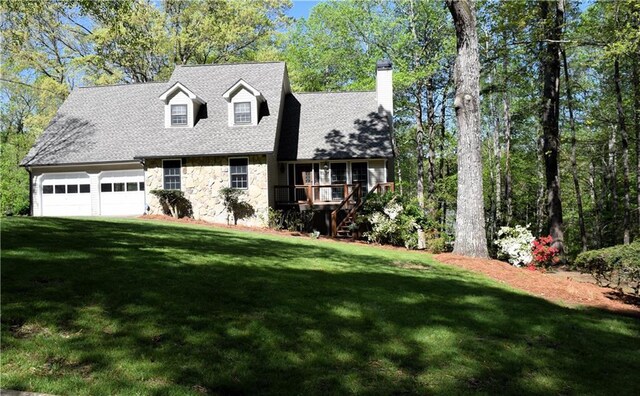 1521 Larkwood Dr, Canton, GA 30114 - cape cod-style house with a garage, a front yard, stone siding, a chimney, and a shingled roof