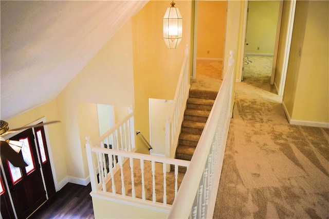 1521 Larkwood Dr, Canton, GA 30114 - stairway with carpet flooring, baseboards, and vaulted ceiling