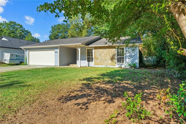 ranch-style house with a front yard and a garage