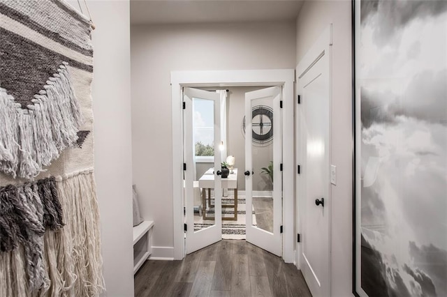 interior space with dark hardwood / wood-style floors and french doors