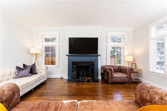 living room with a fireplace, wood finished floors, baseboards, and ornamental molding