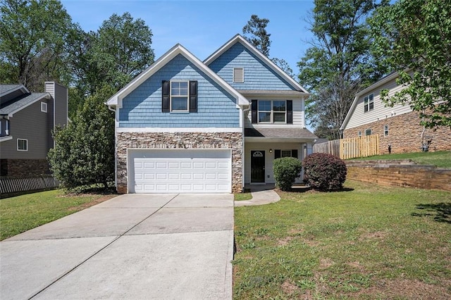 3459 Village Park Ln SW, Atlanta, GA 30331 - craftsman-style house with a front yard, an attached garage, stone siding, fence, and driveway
