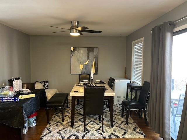 dining area featuring dark hardwood / wood-style floors, a wealth of natural light, and ceiling fan