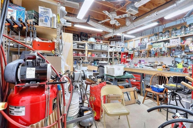 storage area featuring ceiling fan