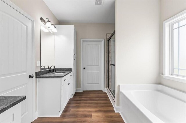 full bathroom featuring vanity, plenty of natural light, a stall shower, and visible vents