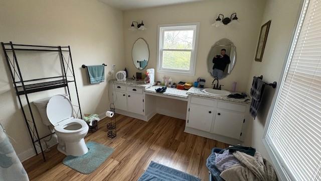 bathroom with a sink, wood finished floors, toilet, and baseboards