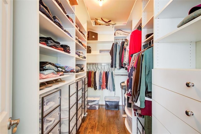 walk in closet with wood finished floors