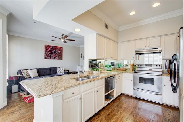 kitchen with ornamental molding, a peninsula, stainless steel range with electric cooktop, under cabinet range hood, and a sink