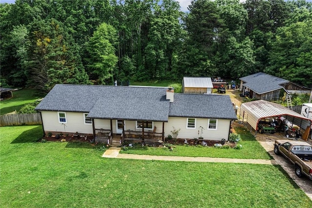140 Wilbanks St, Buford, GA 30518 - view of front of home with a porch, a shingled roof, and a chimney