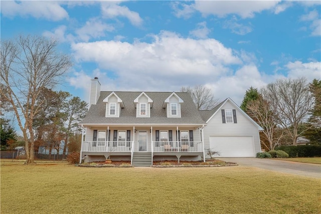 view of front facade featuring covered porch, concrete driveway, a front lawn, and a garage