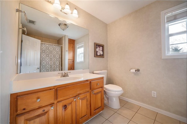 full bath featuring tile patterned flooring, toilet, a shower with shower curtain, vanity, and visible vents