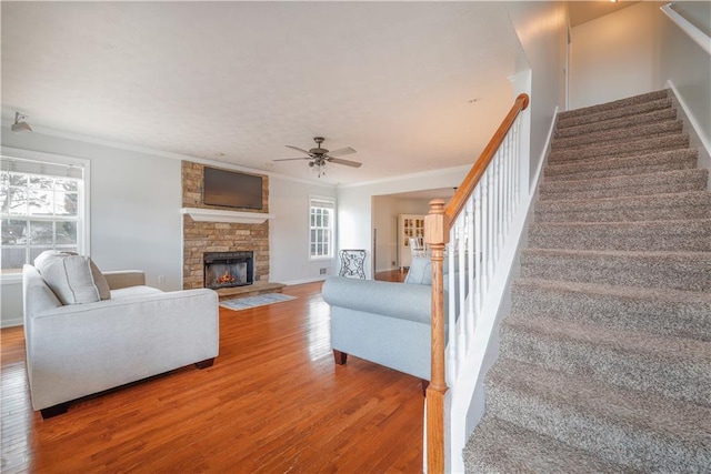 living area featuring crown molding, a ceiling fan, a stone fireplace, wood finished floors, and stairs