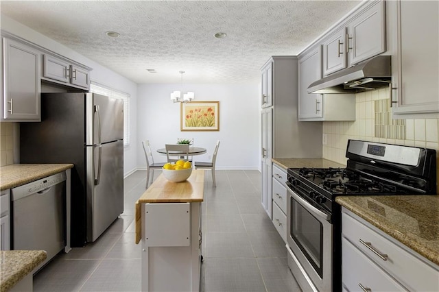 340 Monivea Ln, Roswell, GA 30075 - kitchen with stainless steel appliances, under cabinet range hood, a chandelier, gray cabinets, and a textured ceiling