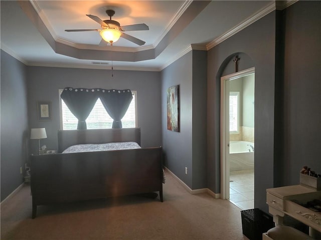 106 Trailside Way, Hiram, GA 30141 - carpeted bedroom featuring ensuite bathroom, a raised ceiling, ornamental molding, baseboards, and a ceiling fan