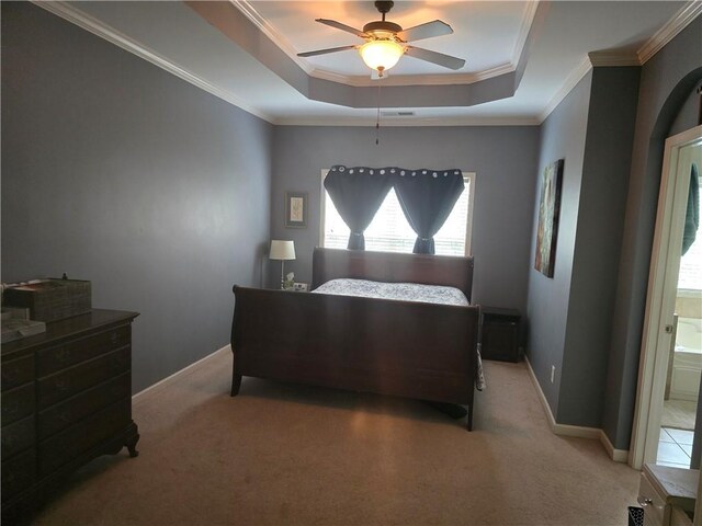 106 Trailside Way, Hiram, GA 30141 - bedroom featuring carpet, a raised ceiling, connected bathroom, baseboards, and crown molding